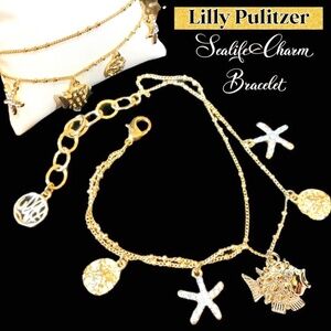 Lilly Pulitzer CHARM BRACELET NWT ⭐️GOLD COASTAL SHELL SEA-LIFE STARFISH PUFFER